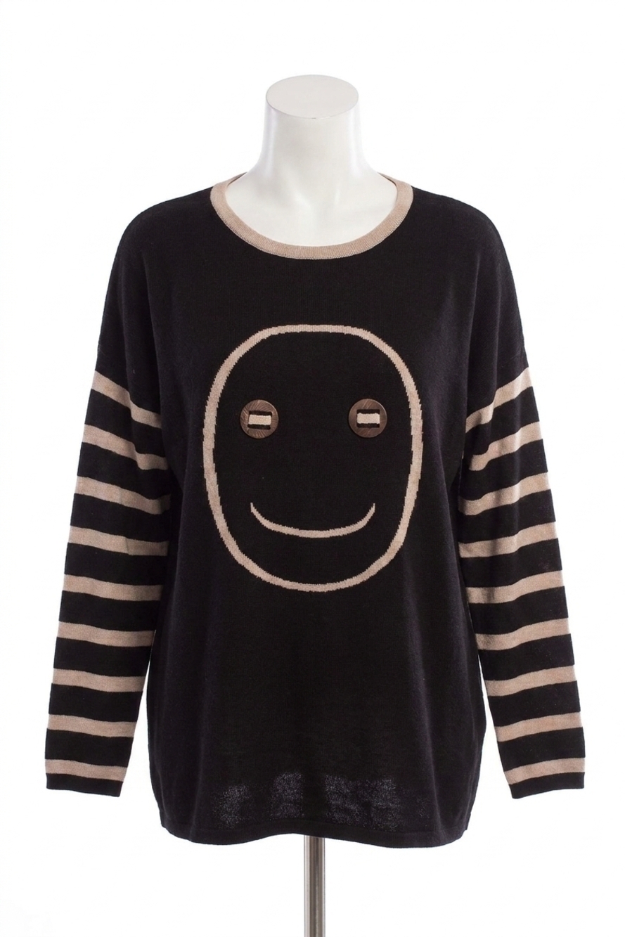 NEW ANGEL wood button smiley face pullover in black/stone